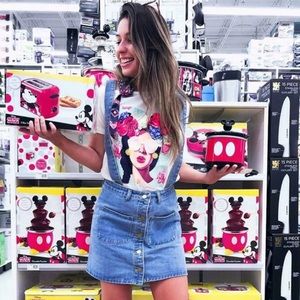 Button Front Pocket Patch Denim Skirt With Straps